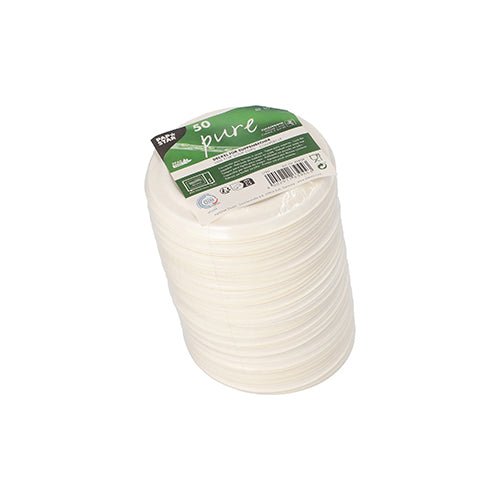 Ein Stapel von 50 weißen „reinen“ Zuckerrohrdeckeln für Suppenbecher der PAPSTAR GmbH, in Folie eingewickelt mit Produktdetails und Recyclingsymbolen.