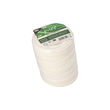 A stack of 50 white "pure" sugarcane lids for soup cups from PAPSTAR GmbH, wrapped in foil with product details and recycling symbols.