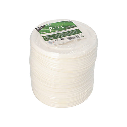 A stack of white PAPSTAR 50 soup cup lids made from environmentally friendly sugarcane "pure" is packaged in transparent foil with a green label. Designed by PAPSTAR GmbH, these lids are the perfect complement to environmentally friendly soup cups.