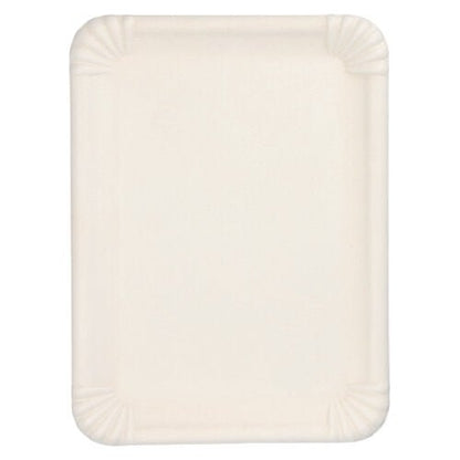 The PAPSTAR serving trays sugarcane "pure" rectangular, 26x35 cm, white (6 pieces) from PAPSTAR GmbH is a rectangular, biodegradable white tray with raised edges and corner ribs, photographed empty from above.