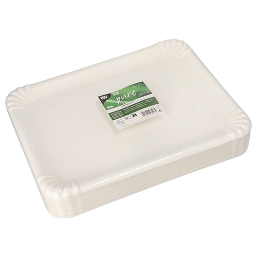 A pack of 25 rectangular white PAPSTAR serving platters sugarcane "pure" 26x35 cm from PAPSTAR GmbH, compostable and environmentally friendly disposable bowls with ribbed edge, made from sugarcane and shrink-wrapped.