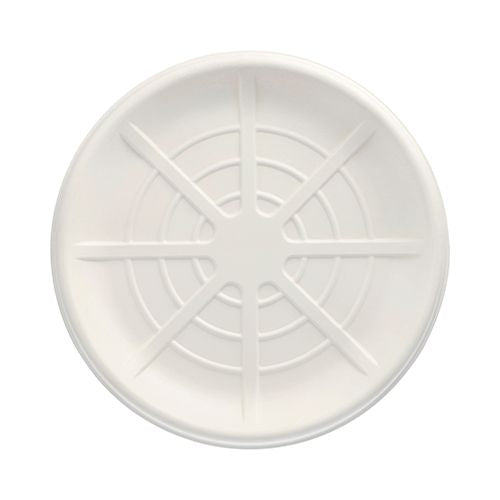 A round, environmentally friendly white PAPSTAR 25 serving platters, sugarcane “pure” plate from the PAPSTAR GmbH with raised star-shaped grooves and concentric circles on the surface, viewed from above against a white background.