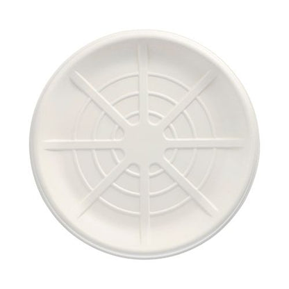A round, environmentally friendly white PAPSTAR 25 serving platters, sugarcane “pure” plate from the PAPSTAR GmbH with raised star-shaped grooves and concentric circles on the surface, viewed from above against a white background.