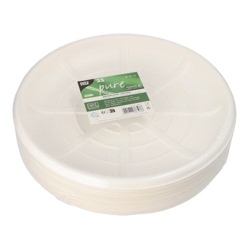 A stack of PAPSTAR 25 serving platters made of sugarcane “pure”, round, in white, from PAPSTAR GmbH – biodegradable disposable plates, packaged in foil with a green-white label, ideal for environmentally conscious events.