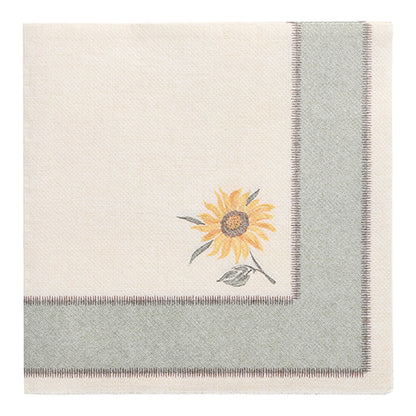 The PAPSTAR 50 napkins "ROYAL Collection" 1/4-fold 40x40 cm from PAPSTAR GmbH is a cream-colored napkin with a wide light green border and an embroidered sunflower - an elegant touch for any set table.