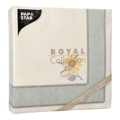 The PAPSTAR 50 napkins "ROYAL Collection" 1/4-fold 40 x 40 cm features a sunflower motif on a cream background with a gray border, as depicted on the label. Brand: PAPSTAR GmbH.