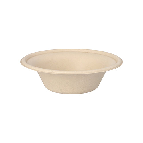 The natural, round PAPSTAR bowl made of sugarcane "pure" (Ø 15.5 cm, 380 ml) from PAPSTAR GmbH is shown in side view on a white background. The biodegradable disposable bowl is delivered in a pack of 50.