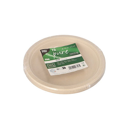A stack of 12 round, beige PAPSTAR sugarcane "pure" disposable plates, made from biodegradable sugarcane and wrapped in plastic film. The top plate bears a green-white eco-label from PAPSTAR GmbH with product details.