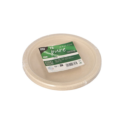 A stack of 12 round, beige PAPSTAR sugarcane "pure" disposable plates, made from biodegradable sugarcane and wrapped in plastic film. The top plate bears a green-white eco-label from PAPSTAR GmbH with product details.