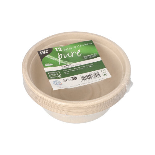 A pack of 12 PAPSTAR sugarcane bowls "pure" (500 ml, 15.5 x 5.4 cm), biodegradable and eco-friendly, ideal for sustainable living; by PAPSTAR GmbH.