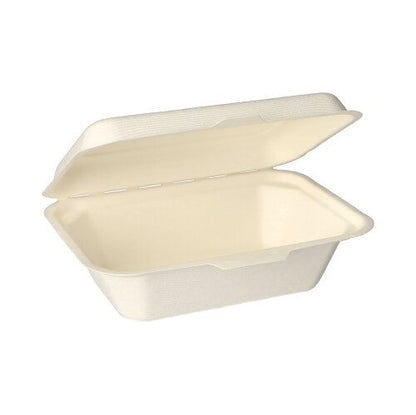 In front of a white background, an open, empty PAPSTAR 25 menu boxes sugarcane “pure” white from PAPSTAR GmbH can be seen – an environmentally friendly, rectangular, foldable take-away box, ideal for sustainable catering.