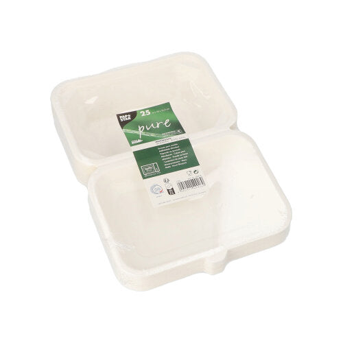 A pack of 25 white PAPSTAR menu boxes made from sugarcane “pure” from PAPSTAR GmbH, sustainable and environmentally friendly, with a green-white label, shown slightly open for take-away and catering.