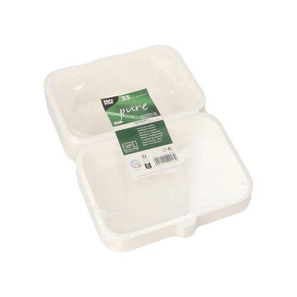A pack of 25 white PAPSTAR menu boxes made from sugarcane “pure” from PAPSTAR GmbH, sustainable and environmentally friendly, with a green-white label, shown slightly open for take-away and catering.