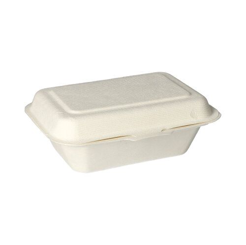 The 25 menu boxes, sugarcane “pure” white from PAPSTAR GmbH are closed, rectangular, white food containers made from sustainable sugarcane; they are biodegradable and compostable and are depicted on a plain white background.