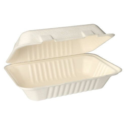 The PAPSTAR 25 menu boxes, sugarcane “pure” white from PAPSTAR GmbH are rectangular, biodegradable take-away containers with a hinged lid – ideal for eco-conscious catering and sustainable take-away.