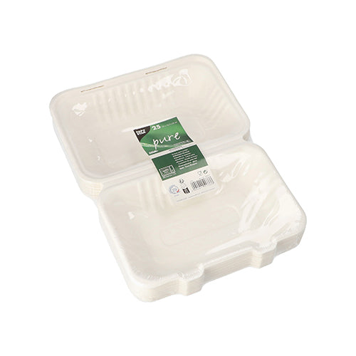 A stack of white PAPSTAR 25 menu boxes “pure” made from sustainable sugarcane from PAPSTAR GmbH, with ribbed sides and clear foil, with a green label – ideal for environmentally friendly take-away catering.