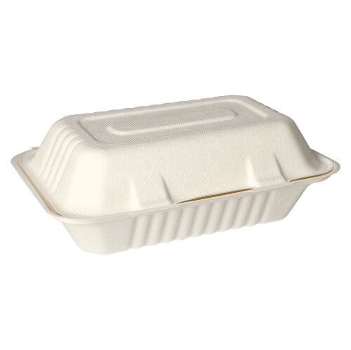 The PAPSTAR 25 menu boxes, sugarcane "pure" white from PAPSTAR GmbH are rectangular, white, biodegradable take-away containers with a hinged lid – ideal for gastronomy and take-away. Pictured closed on a plain white background.