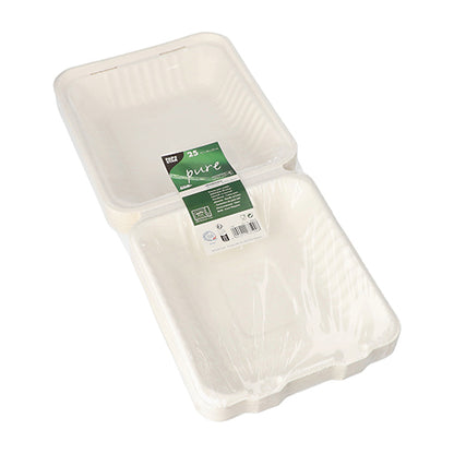 A stack of PAPSTAR 25 menu boxes made from white, sustainable sugarcane with ribbed sides, partially foil-wrapped and with a green label – from PAPSTAR GmbH, ideal for take-away catering.