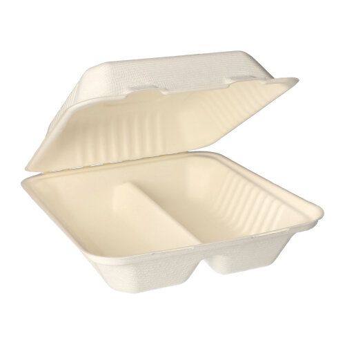 The PAPSTAR 25 menu boxes, sugarcane "pure" white from PAPSTAR GmbH are open, white, rectangular take-away containers with two compartments made from sustainable sugarcane, perfect for outdoor catering, depicted on a simple white background.
