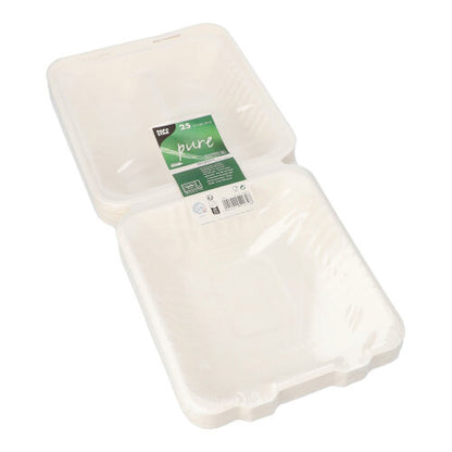 A stack of white PAPSTAR 25 menu boxes made of sugarcane "pure", square with a flip lid, compostable and sustainable, ideal for take-away catering. Wrapped in foil with a green-white label of the brand PAPSTAR GmbH.