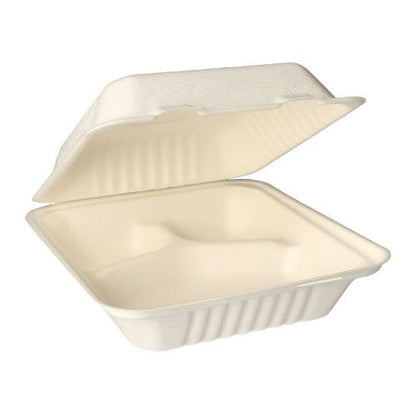The PAPSTAR 25 menu boxes made from sustainable sugarcane “pure” in white from PAPSTAR GmbH with divided compartments and a hinged lid are depicted as environmentally friendly take-away containers against a white background.