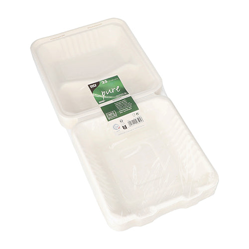 An opened PAPSTAR GmbH 25 menu boxes made of sugarcane "pure" white reveals its empty, white, rectangular interior, with a green-white product label and a barcode visible on the inside of the lid.