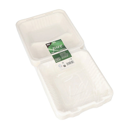An opened PAPSTAR GmbH 25 menu boxes made of sugarcane "pure" white reveals its empty, white, rectangular interior, with a green-white product label and a barcode visible on the inside of the lid.