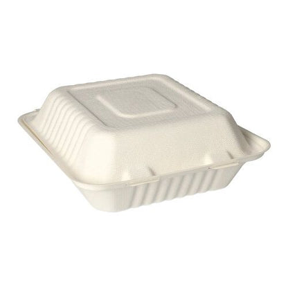 The PAPSTAR 25 menu boxes, sugarcane "pure" white from PAPSTAR GmbH are closed, square, white, biodegradable menu boxes made from sustainable sugarcane - ideal for eco-friendly catering and take-away. Depicted on a simple, white background.