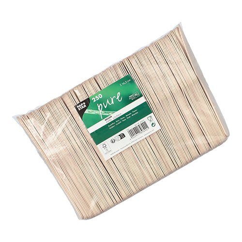 250 pieces PAPSTAR wooden knife "pure", 16.5 cm, environmentally friendly and stable from PAPSTAR GmbH, with a green-white label with product information and barcode on the front.