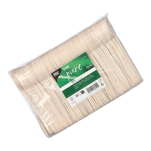 A transparent plastic bag from PAPSTAR GmbH contains 250 "pure" 16 cm eco-friendly and sturdy wooden spoons, neatly stacked with a green and white label featuring product information and a barcode.