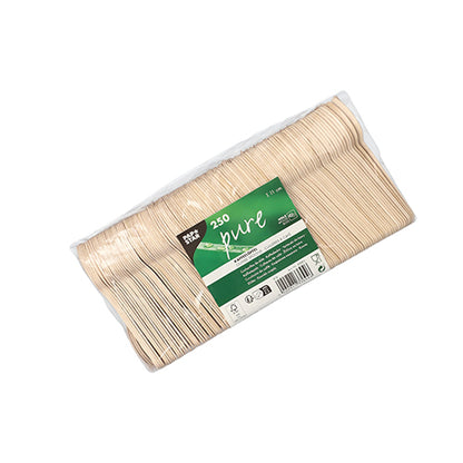 Clear packaging with 250 PAPSTAR coffee spoons wood "pure", 11 cm, environmentally friendly and stable, with green-white label with product info and PAPSTAR GmbH branding; the biodegradable spoons are neatly stacked side by side.
