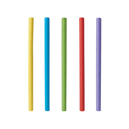 Five PAPSTAR 500 cocktail straws, paper Ø 7 mm - 15 cm from PAPSTAR GmbH, in the colors yellow, blue, green, red, and purple are evenly arranged in a row against a white background.