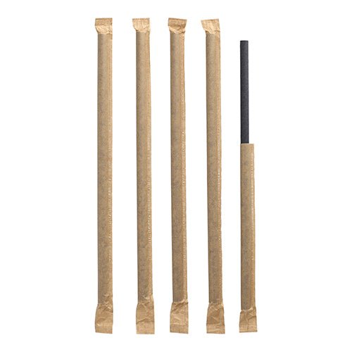 Five PAPSTAR shake straws made of black paper (Ø 8 mm, 25 cm) stand vertically: Four are individually wrapped, the right one is partially pulled out of its foil cover.