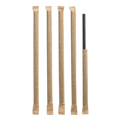 Five PAPSTAR shake straws made of black paper (Ø 8 mm, 25 cm) stand vertically: Four are individually wrapped, the right one is partially pulled out of its foil cover.