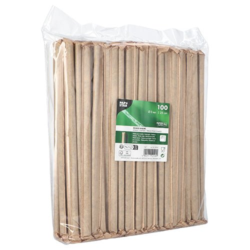 A transparent plastic package with 100 PAPSTAR shake straws paper drinking straws (black, Ø 8 mm, 25 cm, individually wrapped) from PAPSTAR GmbH, with the green-white product label on the front.