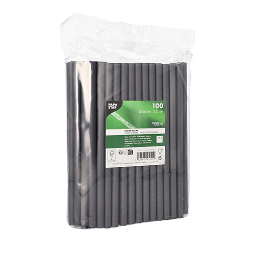 A transparent plastic package with 100 black shake drinking straws made of paper from PAPSTAR GmbH (Ø 10 mm, 21 cm), labeled with product details and recycling information - perfect for environmentally conscious hosts.