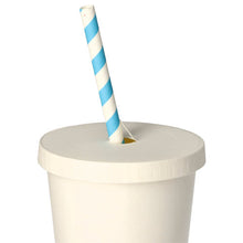 The Starpak 50 lids for drinking cups, made of white cardboard with a 9 cm diameter, fit on cups and allow the insertion of a blue-white striped paper straw through the opening in the middle of the lid.