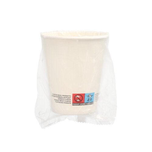 A set of 25 white Starpak paper cups (0.2 l, Ø 8 cm, 9.2 cm), each individually wrapped in clear plastic with visible warning notices - an eco-friendly alternative to disposable cups.