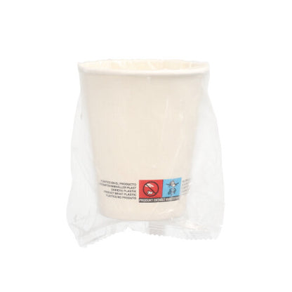 A set of 25 white Starpak paper cups (0.2 l, Ø 8 cm, 9.2 cm), each individually wrapped in clear plastic with visible warning notices - an eco-friendly alternative to disposable cups.