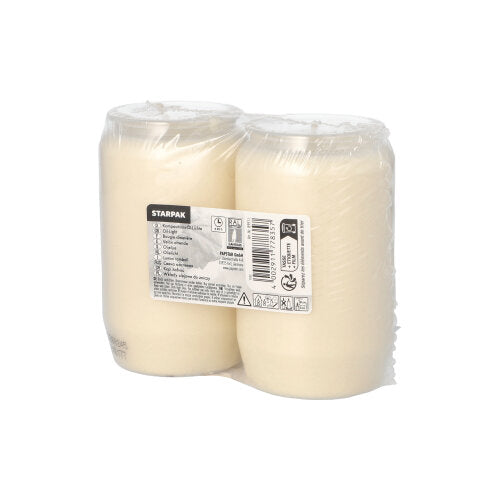 Two PAPSTAR composition oil lights Ø 5.8 cm pillar candles (2 pieces) are packaged in transparent shrink wrap with a product label on the front. The simple white background highlights their atmospheric lighting. Brand: PAPSTAR GmbH.