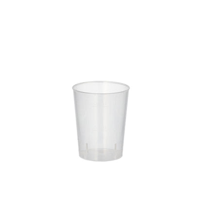 The Starpak 20 reusable glass set made of unbreakable PP (4 cl, Ø 4.3 cm, height 5.2 cm) features an empty, clear shot glass on a white background – ideal for reusable use.