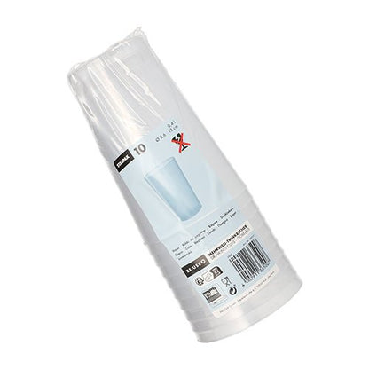 The Starpak 10 reusable drinking cup PP translucent unbreakable by Starpak is delivered in plastic packaging with product labels, recycling symbols, and a barcode on the outside.