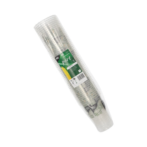 A stack of transparent PAPSTAR 50 PLA drinking cups "Cup made of corn" from PAPSTAR GmbH, wrapped in plastic with a green label reading "50 cups", a corn image, and text highlighting these eco-friendly cups.