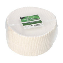 100 environmentally friendly, round PAPSTAR CARDBOARD PLATES deep (Ø 22 cm) made of cardboard "pure" in foil packaging with green-white label from PAPSTAR GmbH.