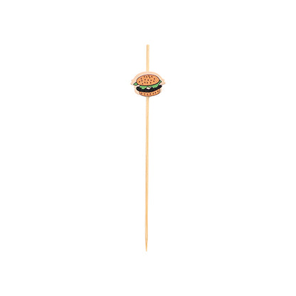The PAPSTAR 100 Fingerfood - Pick from PAPSTAR GmbH is a bamboo skewer, adorned with a small decorative hamburger, depicted on a plain white background.