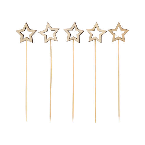 Five PAPSTAR 100 finger food pick toothpicks from PAPSTAR GmbH, each with a hollow, cut-out star on the top, are arranged in a row against a white background.