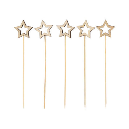 Five PAPSTAR 100 finger food pick toothpicks from PAPSTAR GmbH, each with a hollow, cut-out star on the top, are arranged in a row against a white background.