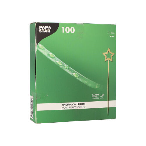 A green box from PAPSTAR GmbH labeled "PAPSTAR 100 Fingerfood - Picker" contains 100 bamboo picks. The packaging shows a star-shaped picker, water droplets, and multilingual product information.