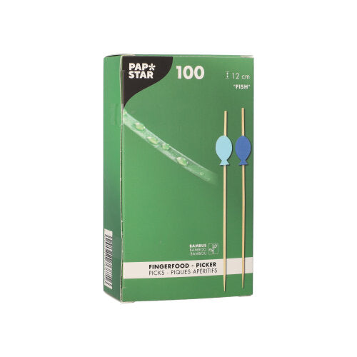 A green box from PAPSTAR GmbH contains 100 finger food picks (12 cm) with blue and green fish-shaped attachments, made from bamboo.