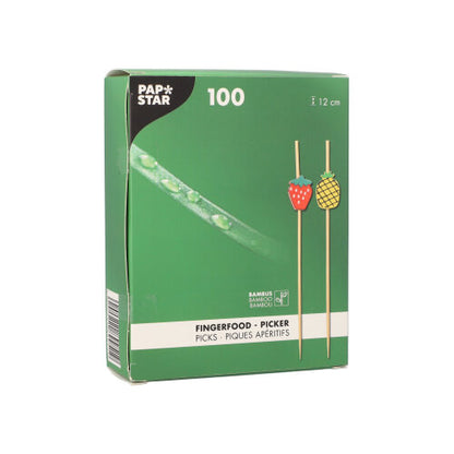 A green box labeled "PAPSTAR 100 Fingerfood - Picker" from PAPSTAR GmbH contains 100 picks each 12 cm long. The box features two fruits and product information in several languages.